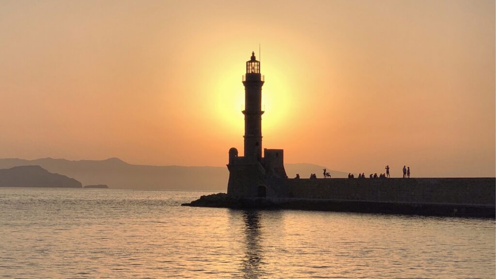chania lighthouse during sunset